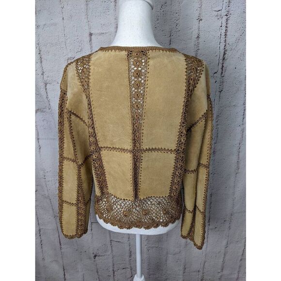 S.M.H. Boutique Tan Brown Vintage Boho Leather Suede Jacket Crochet Lace Patchwo - Picture 3 of 7